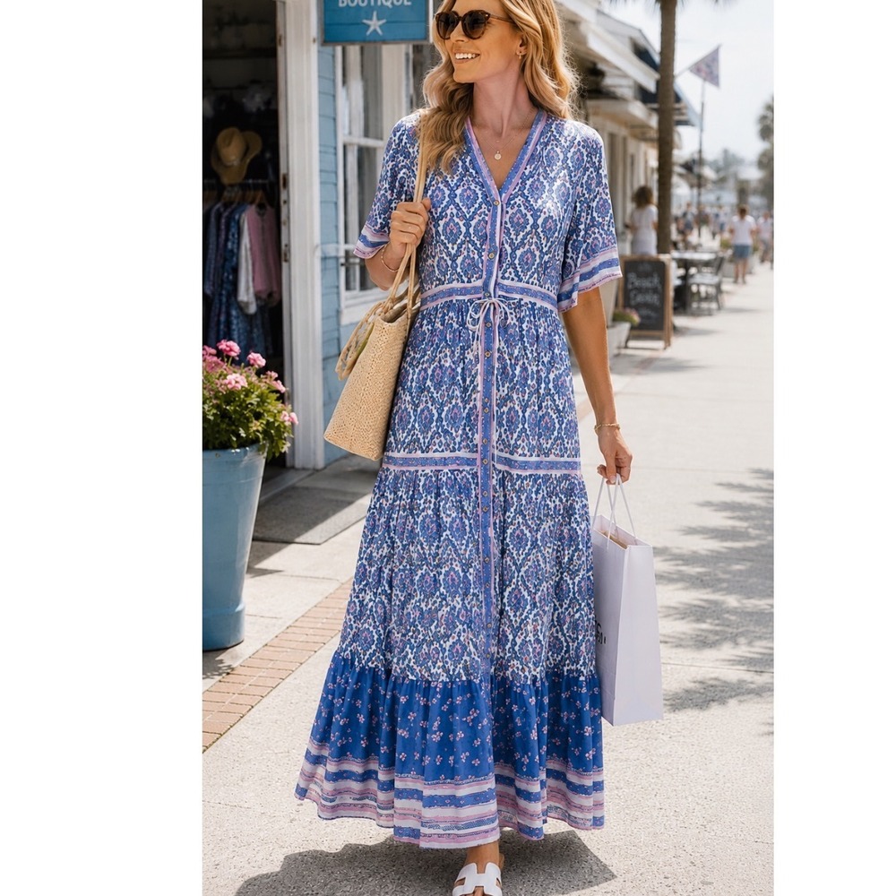 FP TO LOVE Boho Blue Pink Paisley‎ Button Front Tiered Midi Dress SZ M